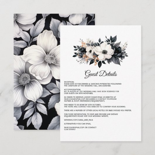 Carte D'accompagnement Mariage Floral noir et blanc Détails de l'invité (Devant / Derrière)