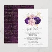 Carte D'accompagnement Mariage Floral rose et violet Détails de l'invité (Devant / Derrière)