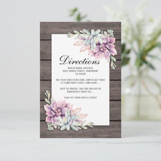 Carte D'accompagnement Mariage Floral Succulent Rustique Directions (Debout devant)