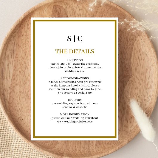 Carte D'accompagnement Mariage Formel Classique Monogramme Noir Or