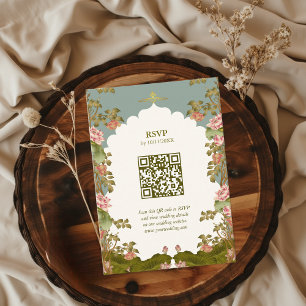 Carte D'accompagnement Mariage indien Floral Lotus Oriental QR code RSVP