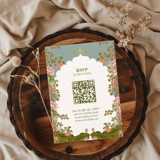 Carte D'accompagnement Mariage indien Floral Lotus Oriental QR code RSVP