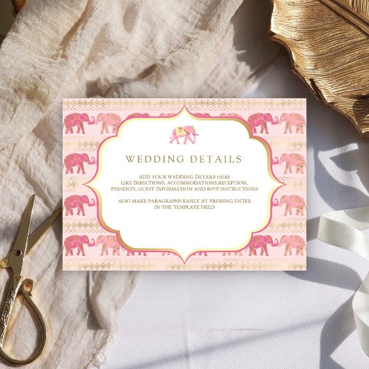 Carte D'accompagnement Mariage indien Pink and Gold Elephant Détails