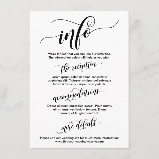 Carte D'accompagnement Mariage Info Simple Noir & Blanc Elaborer Script (Devant)