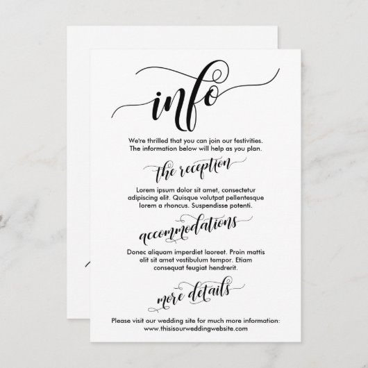 Carte D'accompagnement Mariage Info Simple Noir & Blanc Elaborer Script (Devant / Derrière)