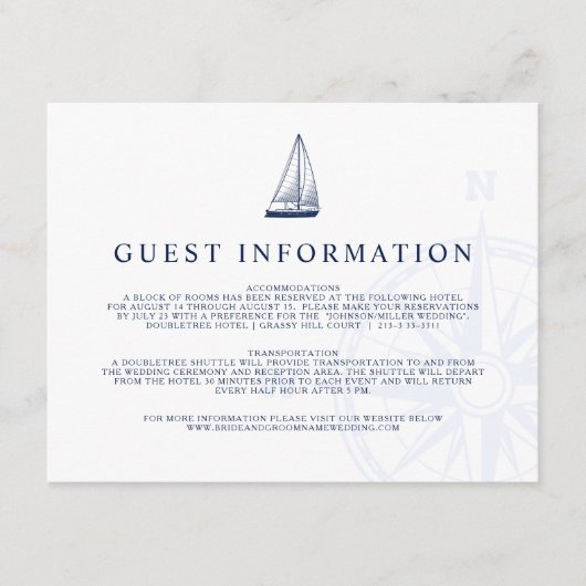Carte D'accompagnement Mariage Invité Info Bateau à Voile Nautique (Devant)