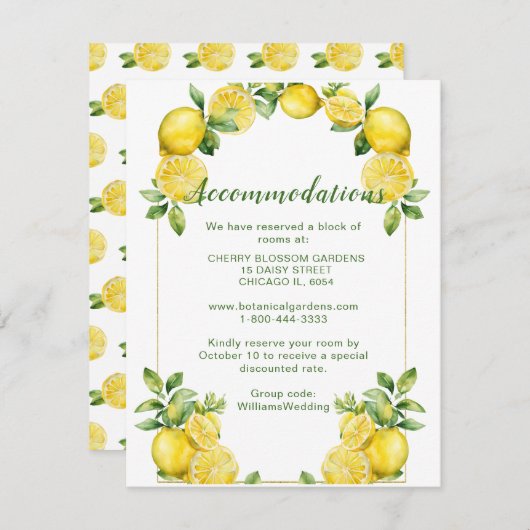 Carte D'accompagnement Mariage Italien Cadre Citron Hébergements (Devant / Derrière)