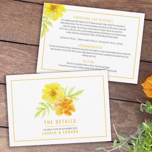 Carte D'accompagnement Mariage jaune marigold aquarelle les détails