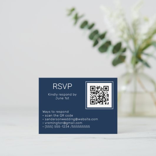 Carte D'accompagnement Mariage Marine Bleu RSVP en ligne QR Code photo (Debout devant)