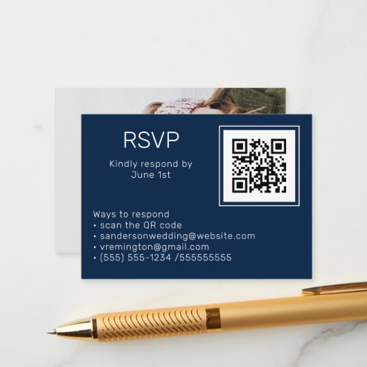 Carte D'accompagnement Mariage Marine Bleu RSVP en ligne QR Code photo (Devant/Arrière en situation)