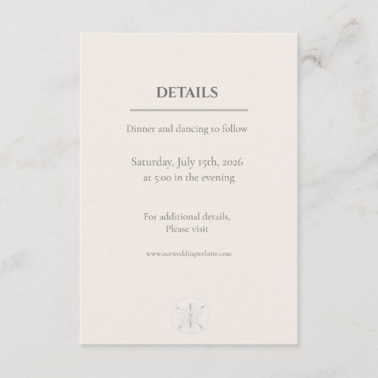 Carte D'accompagnement Mariage Minimaliste Dollar de Sable Côté Mer (Devant)
