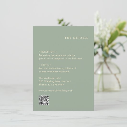 Carte D'accompagnement Mariage Moderne au Vert Sauge avec Code QR Simple (Debout devant)