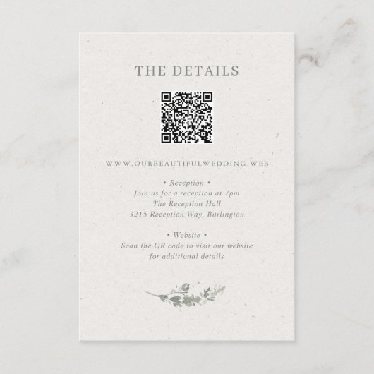 Carte D'accompagnement Mariage moderne avec code QR botanique vert sauge (Devant)