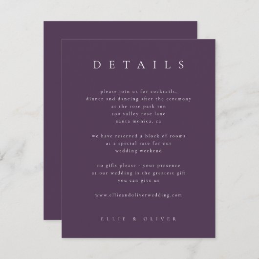 Carte D'accompagnement Mariage Moderne Élégant Bohème Détails Pourpre Pru (Devant / Derrière)