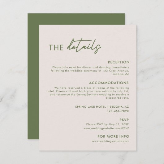 Carte D'accompagnement Mariage moderne gris clair et vert olive Détails (Devant / Derrière)