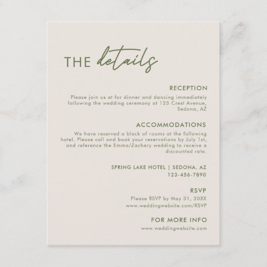 Carte D'accompagnement Mariage moderne gris clair et vert olive Détails (Devant)