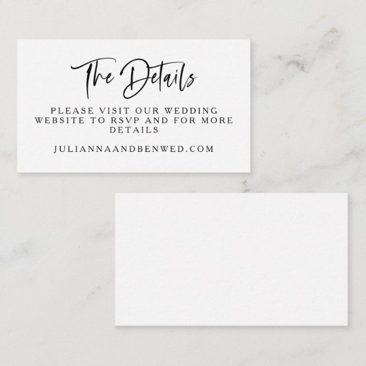 Carte D'accompagnement Mariage moderne noir blanc Script Détails du site (Devant / Derrière)