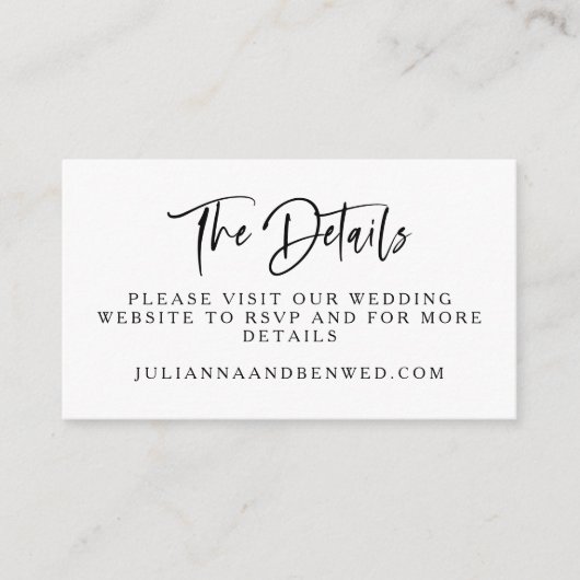 Carte D'accompagnement Mariage moderne noir blanc Script Détails du site  (Devant)