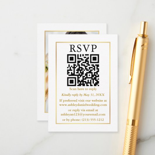 Carte D'accompagnement Mariage moderne QR Photo Gold Frame blanc QR (Devant/Arrière en situation)