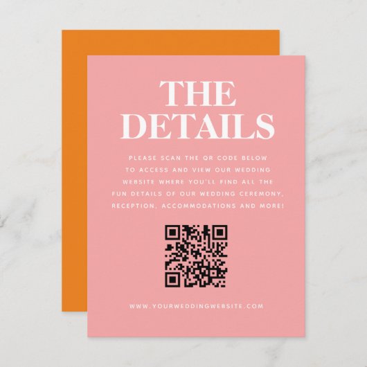 Carte D'accompagnement Mariage moderne rose orange QR Détails du code (Devant / Derrière)