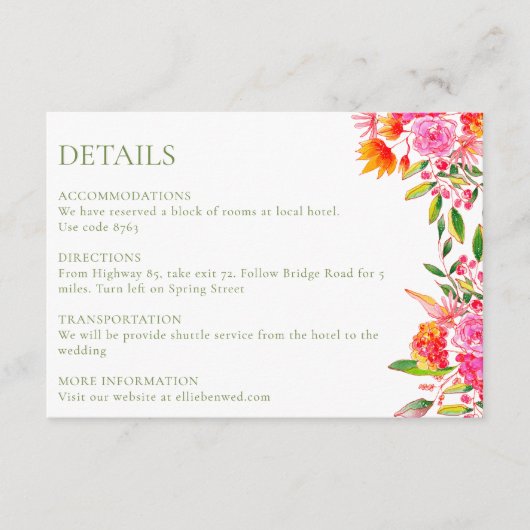 Carte D'accompagnement Mariage moderne rose orange vert Détails (Devant)