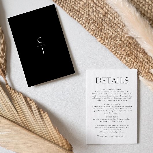 Carte D'accompagnement Mariage Monogram Elegant noir blanc Détails