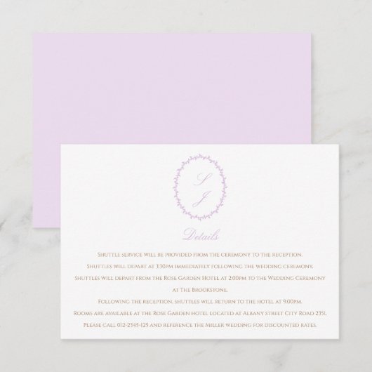 Carte D'accompagnement Mariage Monogramme minimaliste Lavender (Devant / Derrière)