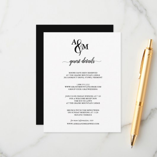 Carte D'accompagnement Mariage Monogramme Noir & Blanc Moderne (Devant/Arrière en situation)