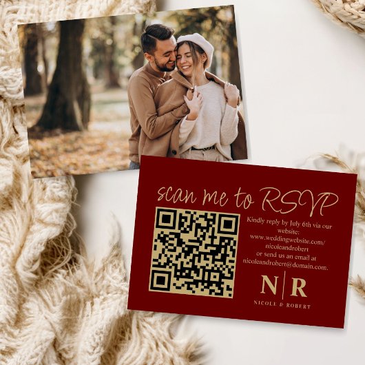 Carte D'accompagnement Mariage Monogramme QR Code RSVP Avec Élégant Photo