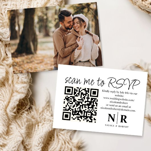 Carte D'accompagnement Mariage Monogramme QR Code RSVP Avec Élégant Photo