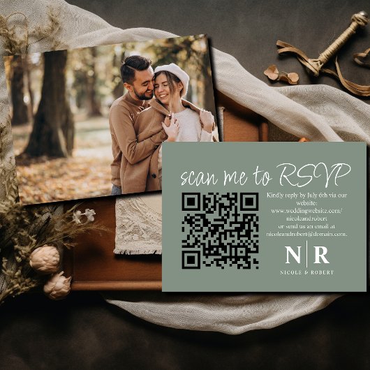 Carte D'accompagnement Mariage Monogramme QR Code RSVP Avec Élégant Photo