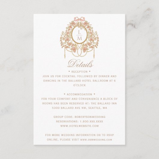 Carte D'accompagnement Mariage Monogramme Rose Rococo Français (Devant)