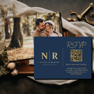 Carte D'accompagnement Mariage Monogramme RSVP QR Code Photo Élégante
