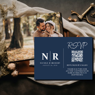 Carte D'accompagnement Mariage Monogramme RSVP QR Code Photo Élégante
