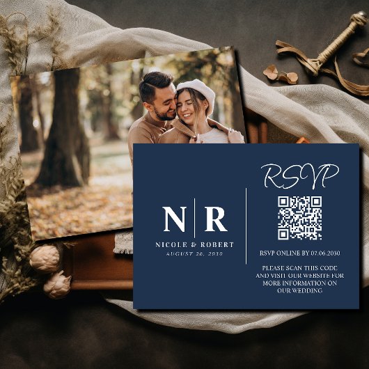 Carte D'accompagnement Mariage Monogramme RSVP QR Code Photo Élégante