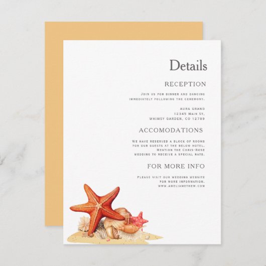 Carte D'accompagnement Mariage nautique de plage de Starfish shells (Devant / Derrière)