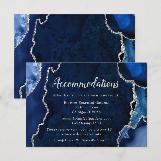 Carte D'accompagnement Mariage Navy Blue et Agate Argentée Hébergement (Devant / Derrière)