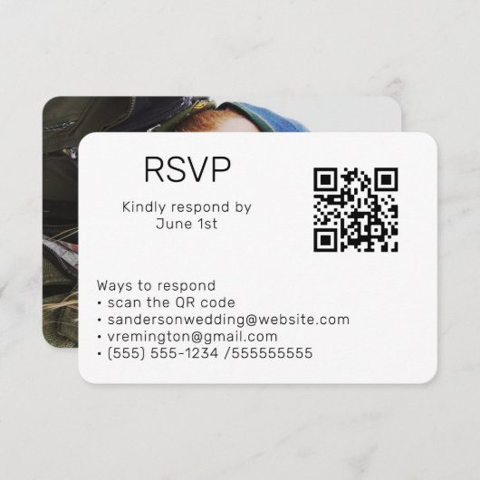 Carte D'accompagnement Mariage noir blanc RSVP en ligne QR Code photo (Devant / Derrière)