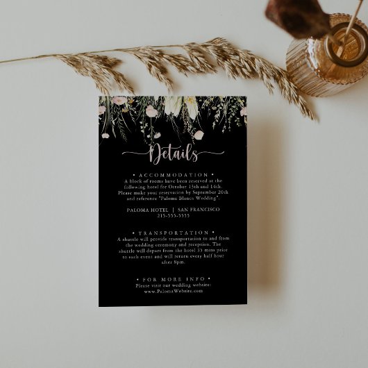 Carte D'accompagnement Mariage noir Fleur sauvage Boho vert Détails