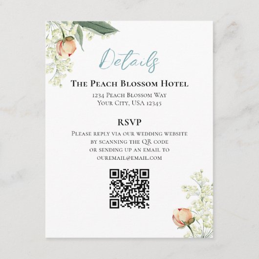 Carte D'accompagnement Mariage Peach Blue Détails QR Code RSVP (Devant)