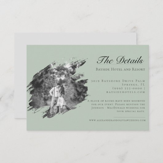 Carte D'accompagnement Mariage photo moderne Brushstroke | Vert sage (Devant / Derrière)