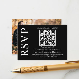 Carte D'accompagnement Mariage photo QR moderne et élégant Noir RSVP