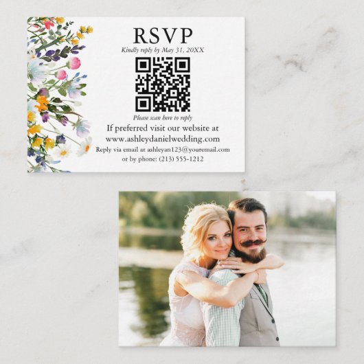 Carte D'accompagnement Mariage photo QR RSVP Fleurs sauvages d'aquarelle (Devant / Derrière)
