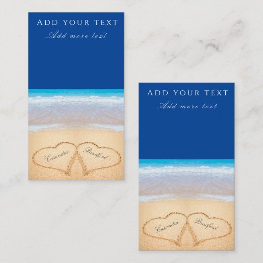 Carte D'accompagnement Mariage plage 2 Coeurs sable bleu foncé (Devant / Derrière)