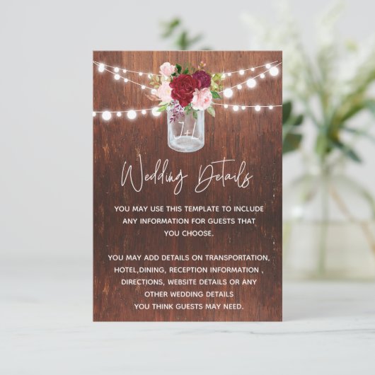 Carte D'accompagnement Mariage Pot Mason en Bois Détails Bourgogne (Debout devant)