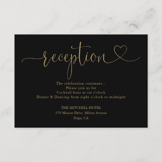 Carte D'accompagnement Mariage Réception Black And Gold Heart Script (Devant)