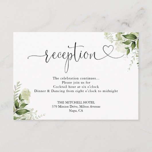 Carte D'accompagnement Mariage Réception Écriture Fleurie de Verdure (Devant)