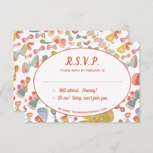 Carte D'accompagnement Mariage rose papillon RSVP (Devant / Derrière)