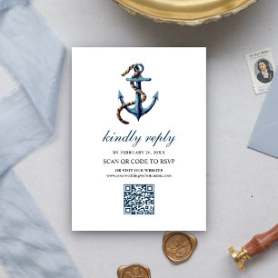 Carte D'accompagnement Mariage RSVP Code QR Corde d'Ancre Bleu Nuit Rusti