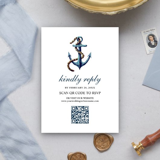 Carte D'accompagnement Mariage RSVP Code QR Corde d'Ancre Bleu Nuit Rusti